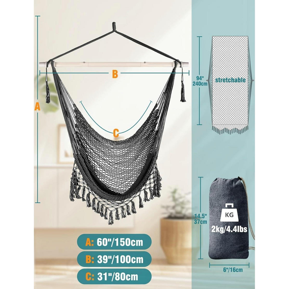 HÄNGESESSEL Dunkelgrau 240 x 80 cm - Anthrazit, Textil (100/80/150cm)
