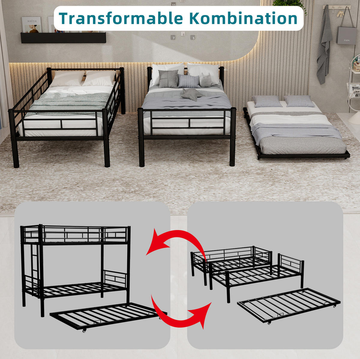 ETAGENBETT 90/180 cm schwarz aus Eisen teilbar mit Leiter - Schwarz, Metall (90/200cm) - OKWISH