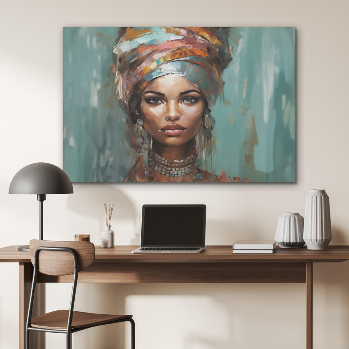 AKUSTIKPANEEL Frau - Kunst - Schmuck - Porträt 100x70 cm - Blaugrau, Textil (100/0.9/70cm) - MuchoWow