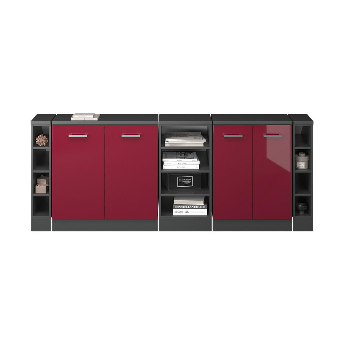 KUHINJSKA OMARA ZA POŠEVNE STREHE R-Line Rdeča visoki sijaj 210 cm Komplet 5 korpusov omare globina 60 cm - rdeča/antracit, leseni material (210/83.8/60cm) - Vicco