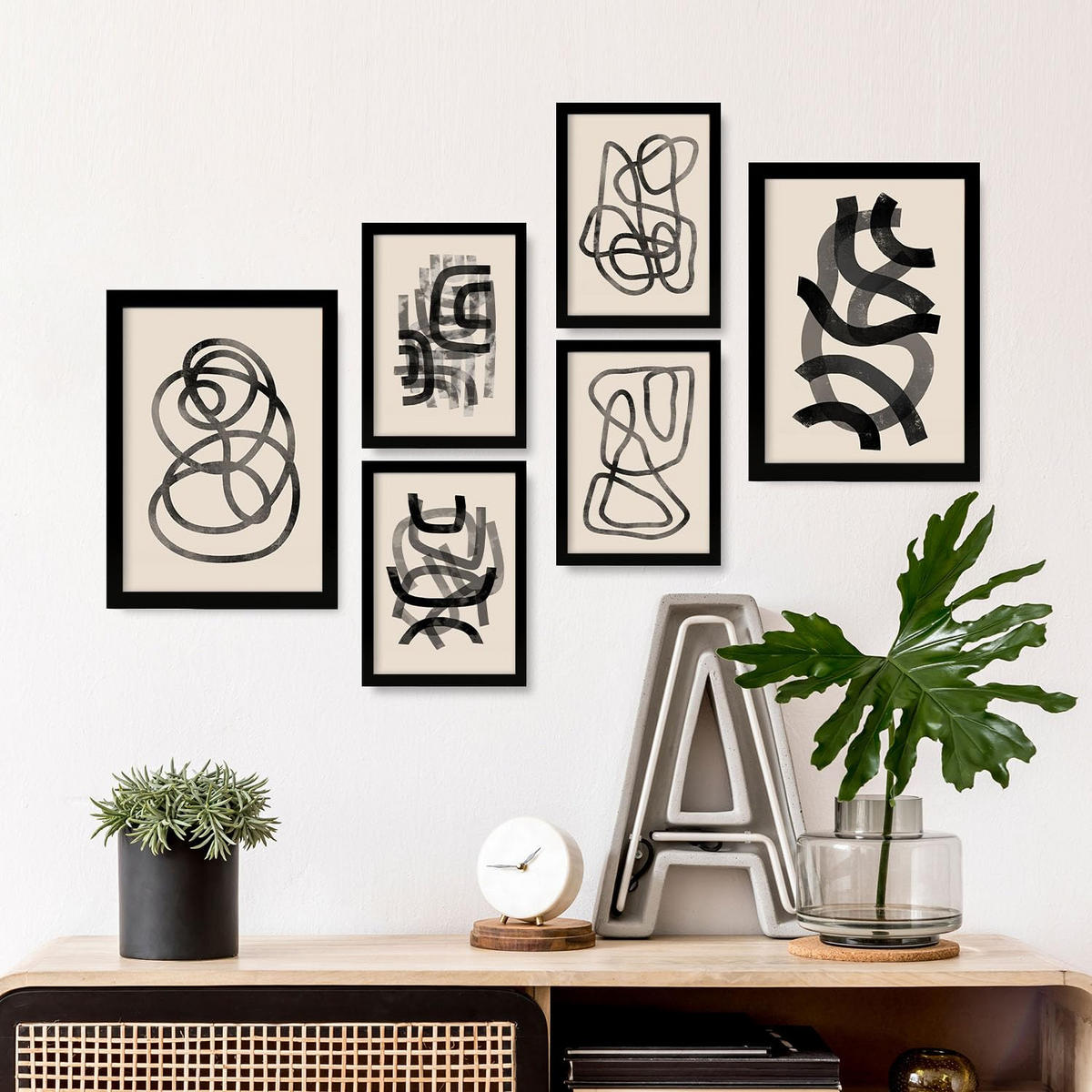 POSTER Set Mit 6 Zusammenfassungen In Form Ästhetische Dekorative Gemälde Für Ihr Wohnzimmer, Schlafzimmer Oder Zuhause A3 & A4 Schwarzer Rahmen - Schwarz, Papier (29/3cm) - Nacnic
