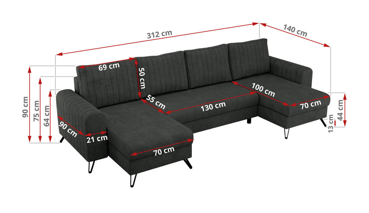 WOHNLANDSCHAFT AXEL U Struktur Dunkelgrau - Schwarz/Grau, Textil/Metall (312/90/140cm) - MKS