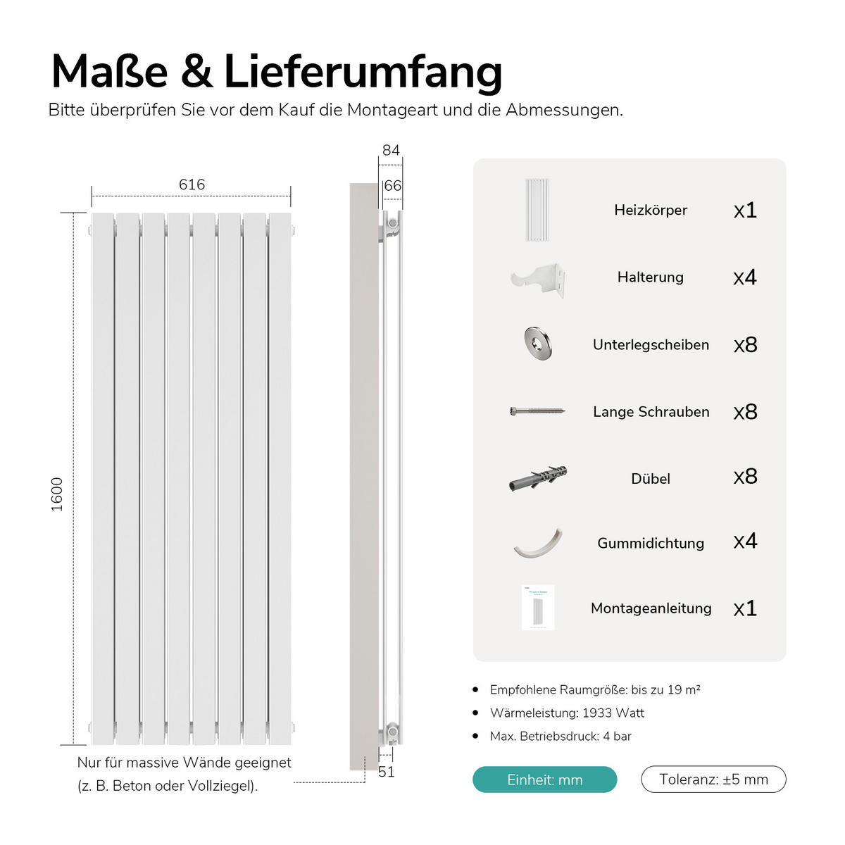 HEIZKÖRPER Flachheizkörper Weiß 160/62/6,6 cm - Weiß, Metall (61.6/160/6.6cm) - EMKE