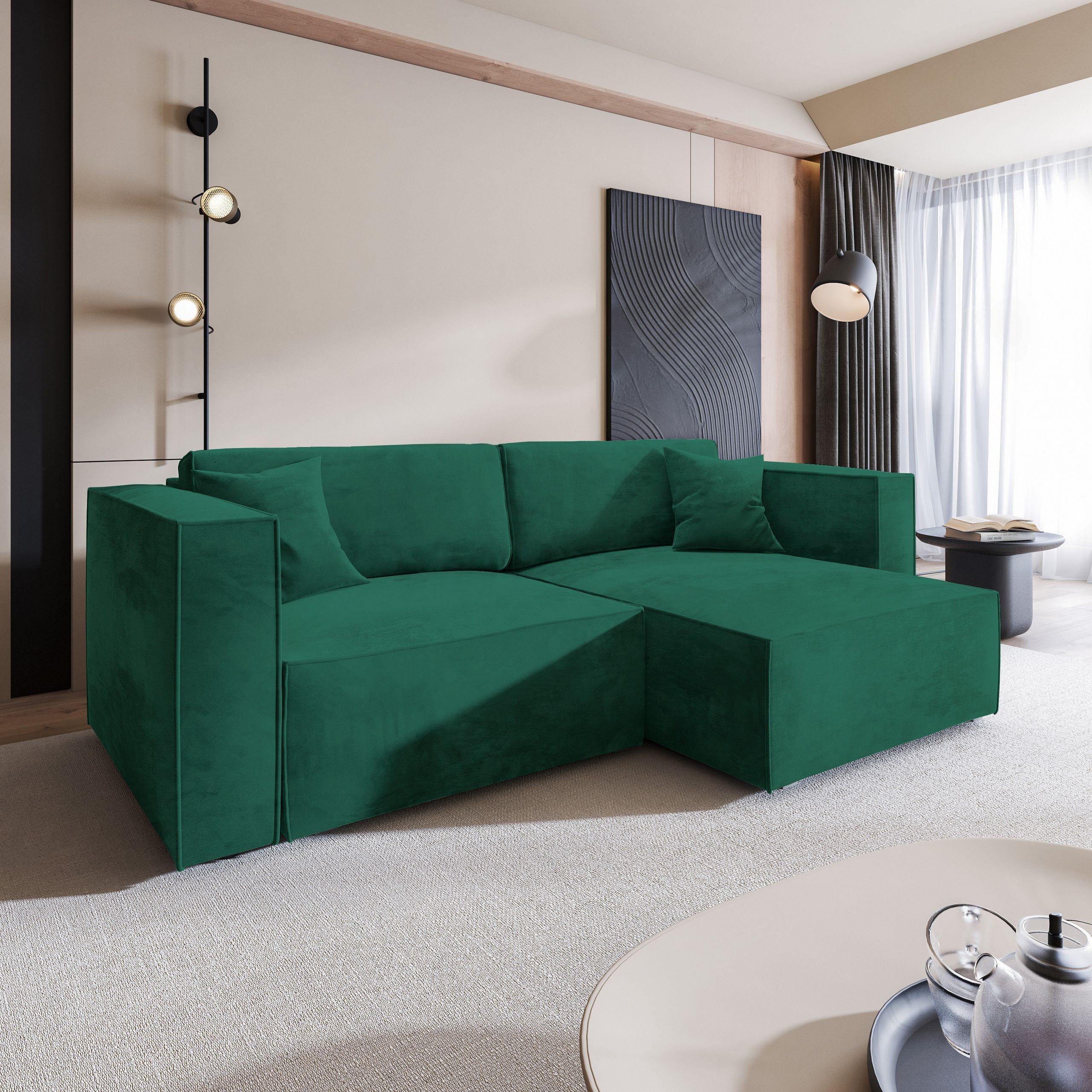 ECKSOFA NERIO M Grün Velours-Stoff mit Schlaffunktion - Grün, Holz (245/148cm) - MASSENO