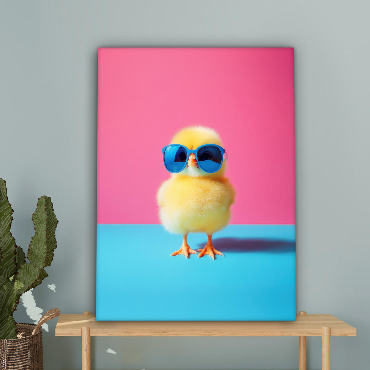 LEINWANDBILD Chick - Sonnenbrille - Blau Wandbild Wohnzimmer 60x80 cm - Pink/Gelb, Textil (60/80cm) - MuchoWow