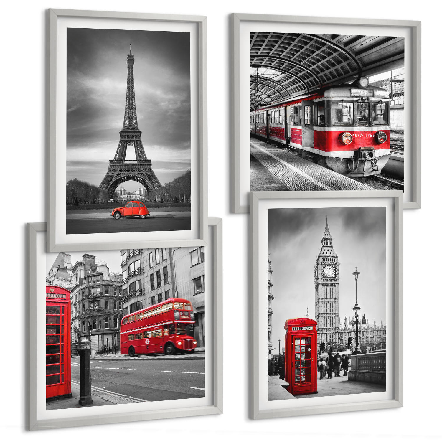 BILDER SET 4er Set - 50x50 cm & 40x60 cm Silberner Rahmen - Rote Busse in der Stadt - Silberfarben, Kunststoff (50/50cm) - TULUP