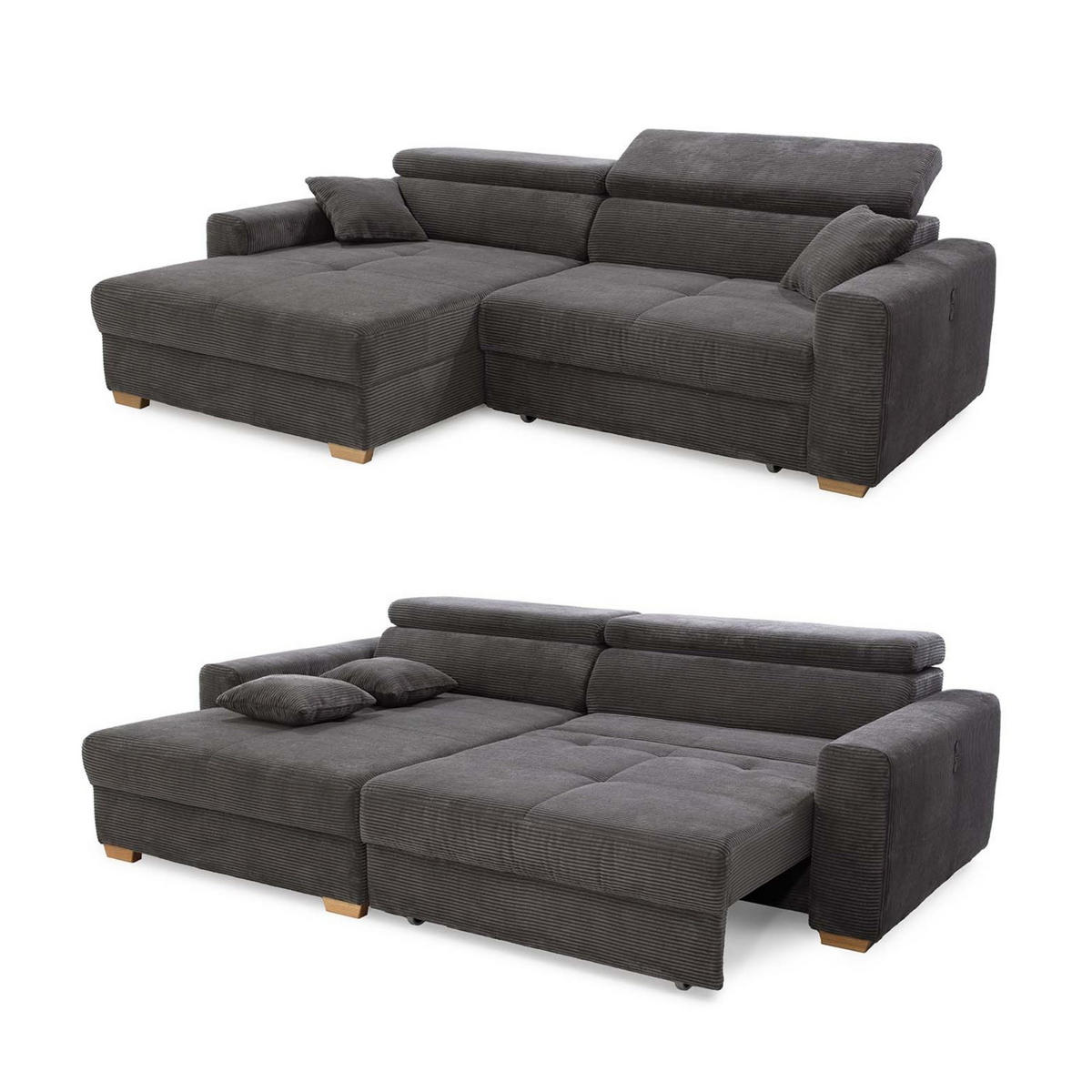 ECKSOFA mit elektrischer Sitztiefenverstellung, Kopflehnen verstellbar, USB-A und USB-C Ladefunktion B277/T187/H109 cm, Cord Grau Anthrazit / 15402 - Schieferfarben/Eichefarben, Eichenholz/Textil (277/187cm) - luma-home