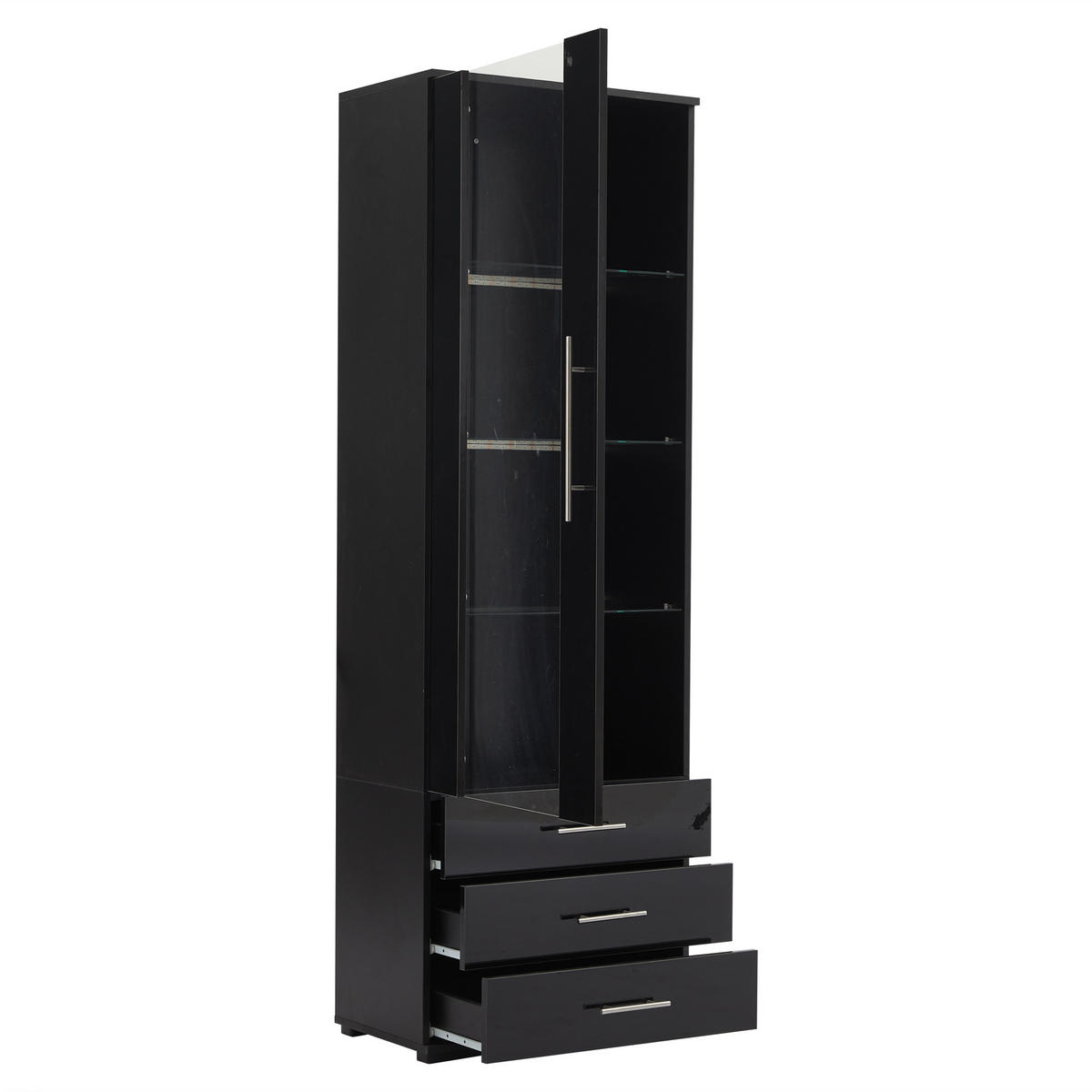 VITRINE, LED, 3 Schubladen, Hochglanz, Schwarz, 60x35x180cm - Schwarz, Holzwerkstoff (35/180/60cm) - FLIEKS
