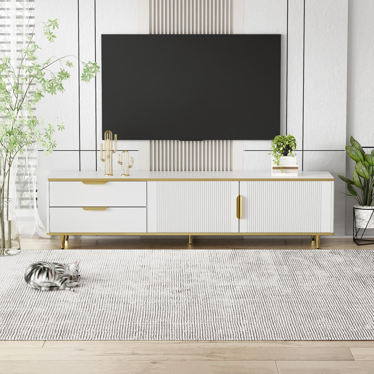 TV-SCHRANK Lowboard Weiß geschnitzte Textur Marmoroptik goldene Griffe - Weiß, Holz (41/18/107cm) - FLIEKS