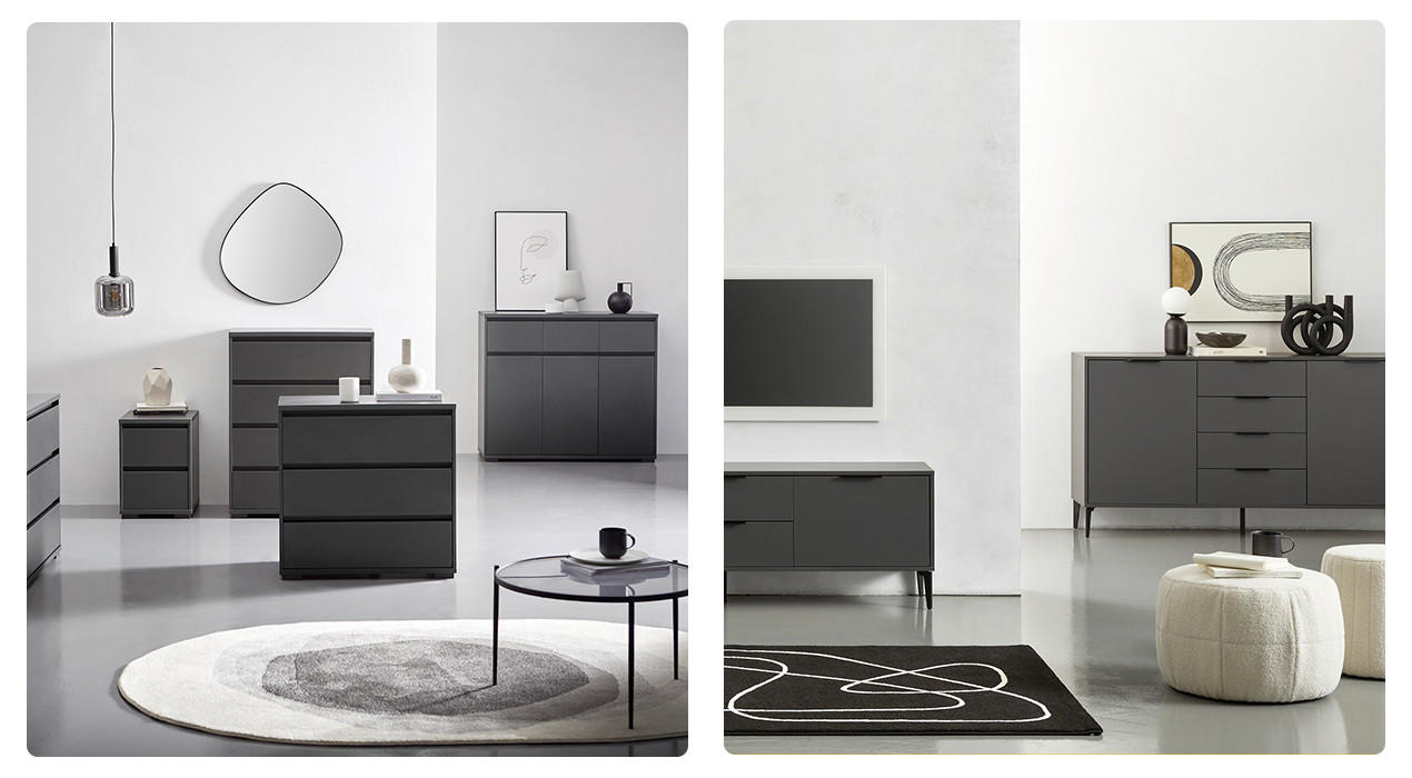 graue Möbel im minimalistischen Stil und heller Deko