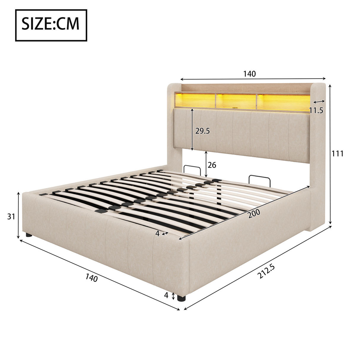 POLSTERBETT 140/200 cm Beige mit LED-Beleuchtung und hydraulischem Stauraum - Beige, Textil (140/200cm) - OKWISH