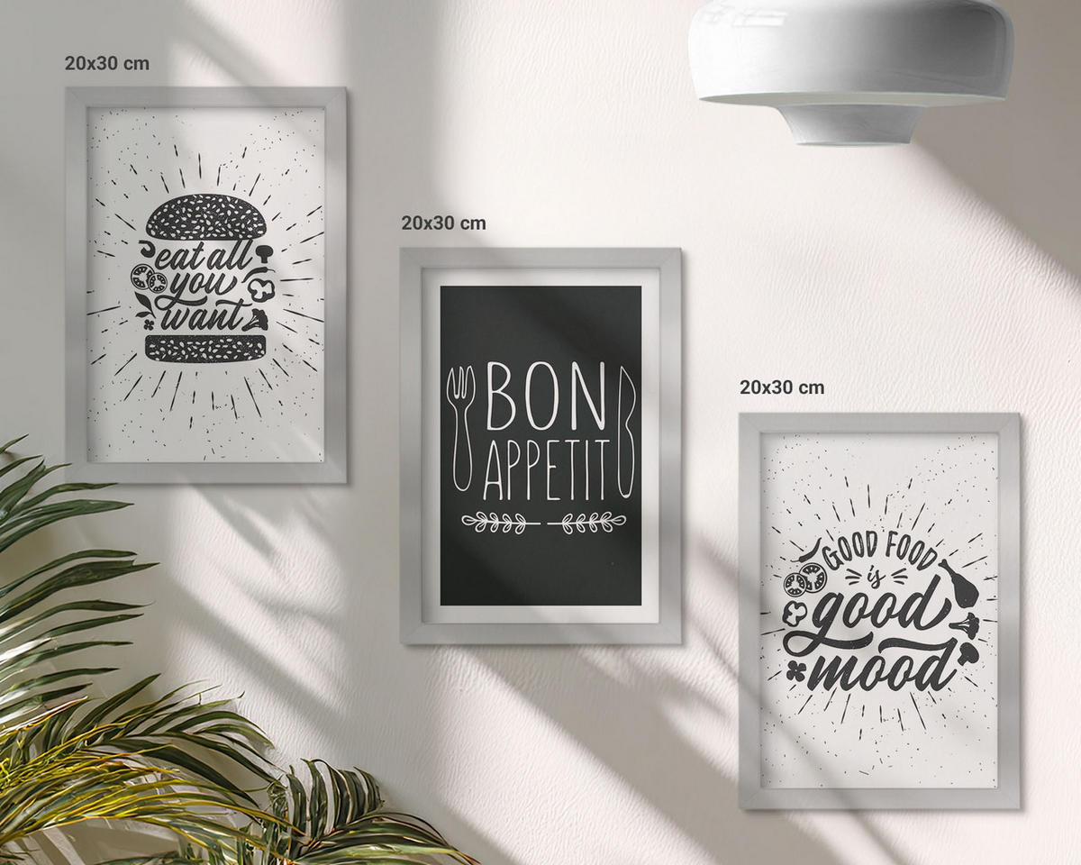 BILDER SET 3er Set - 20x30 cm Silberner Rahmen - Grafiken, Lebensmittel, kulinarische Slogans - Silberfarben, Kunststoff (20/30cm) - TULUP