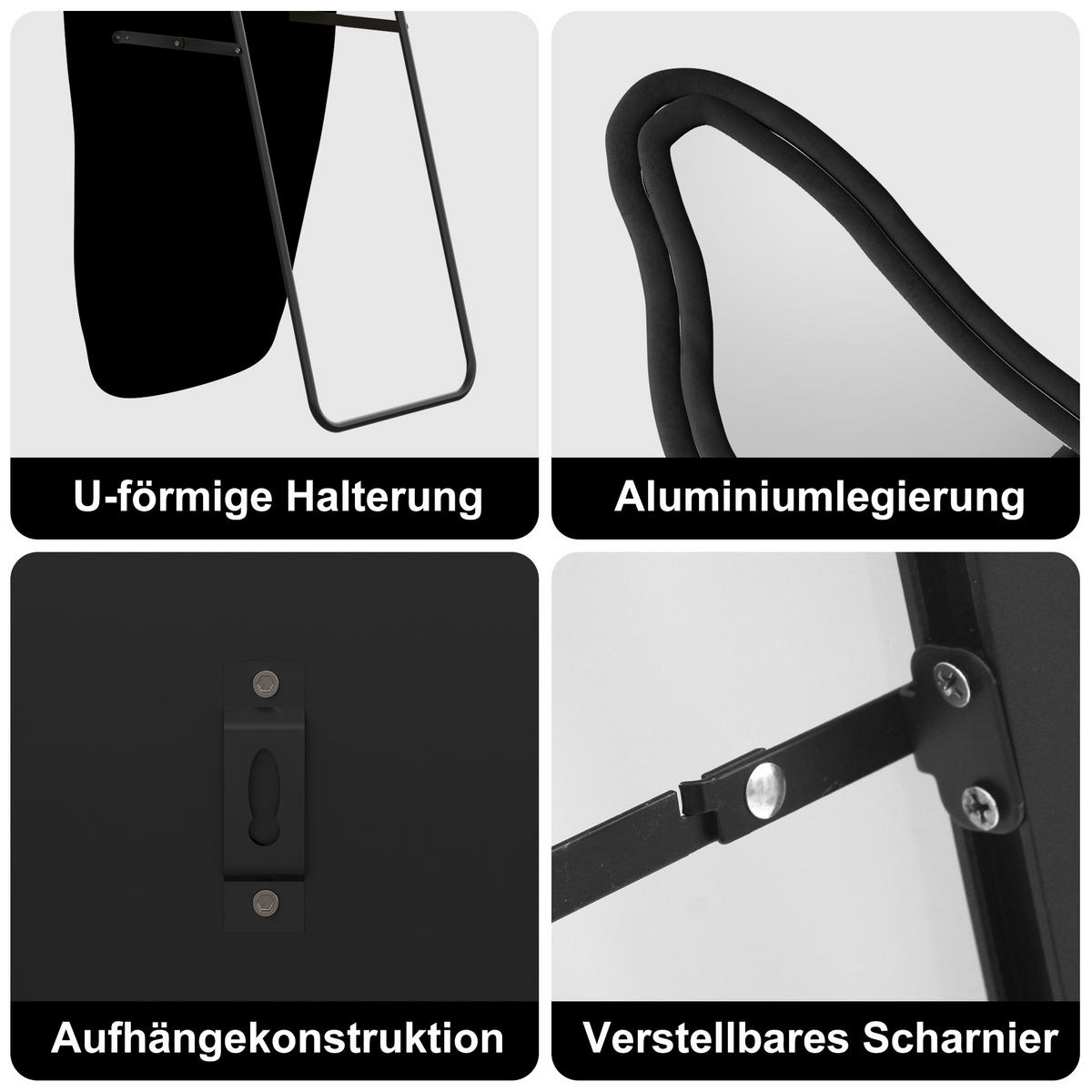 STANDSPIEGEL 160 x 50 cm, Spiegel in Delfinform, Wandspiegel,Samtrahmen, schwarz - Schwarz, Glas/Textil (50/160/3cm) - WoodenAura