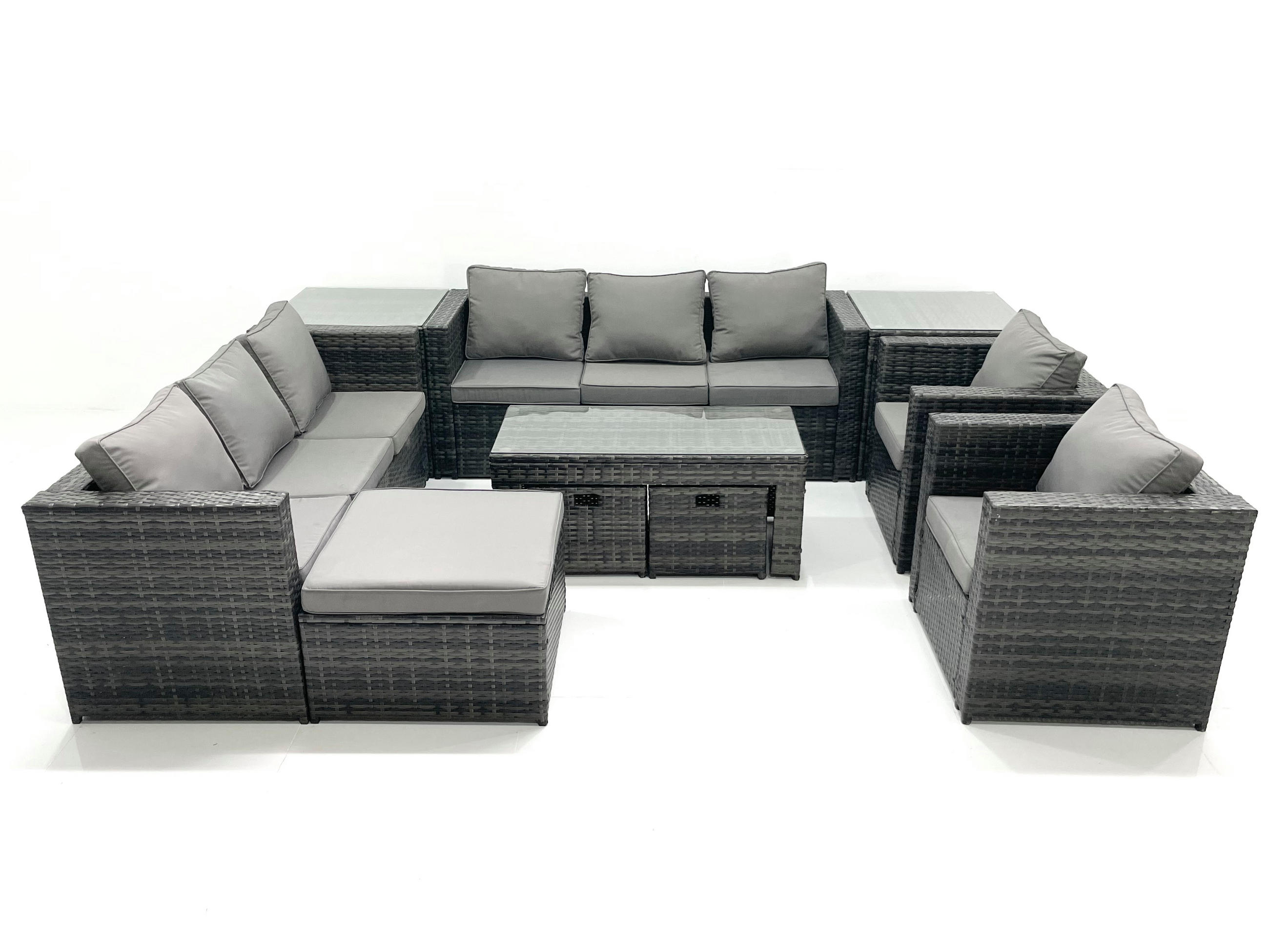 GARTENMÖBEL COUCHTISCH SET mit Sofa Polyrattan Outdoor 11-Sitzer - Dunkelgrau/Grau, Glas/Kunststoff - Fimous