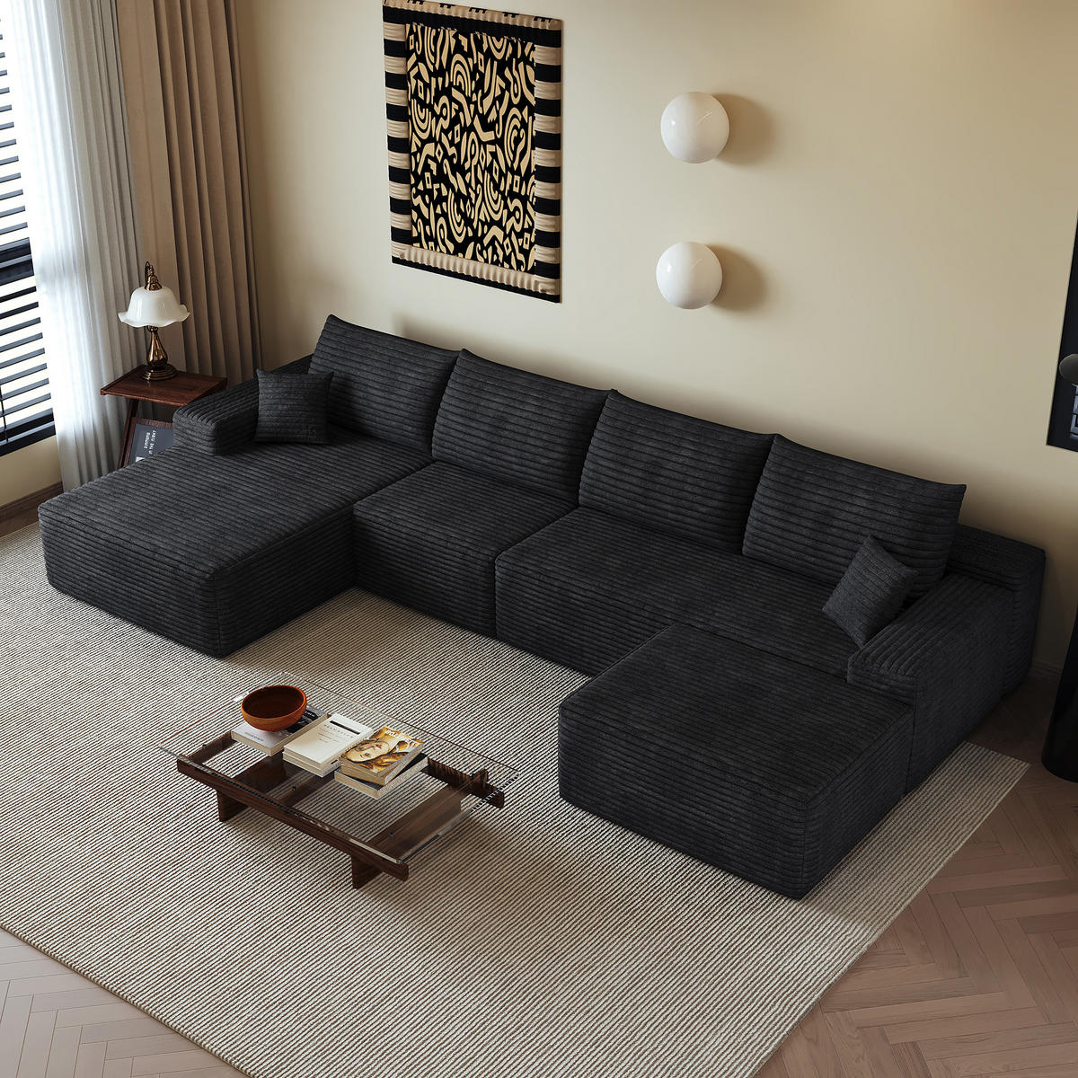 WOHNLANDSCHAFT DE-34857 U-Form 3-Sitzer Chaiselongue links Schwarz - Schwarz, Textil (175/83/270cm) - ComfortXL