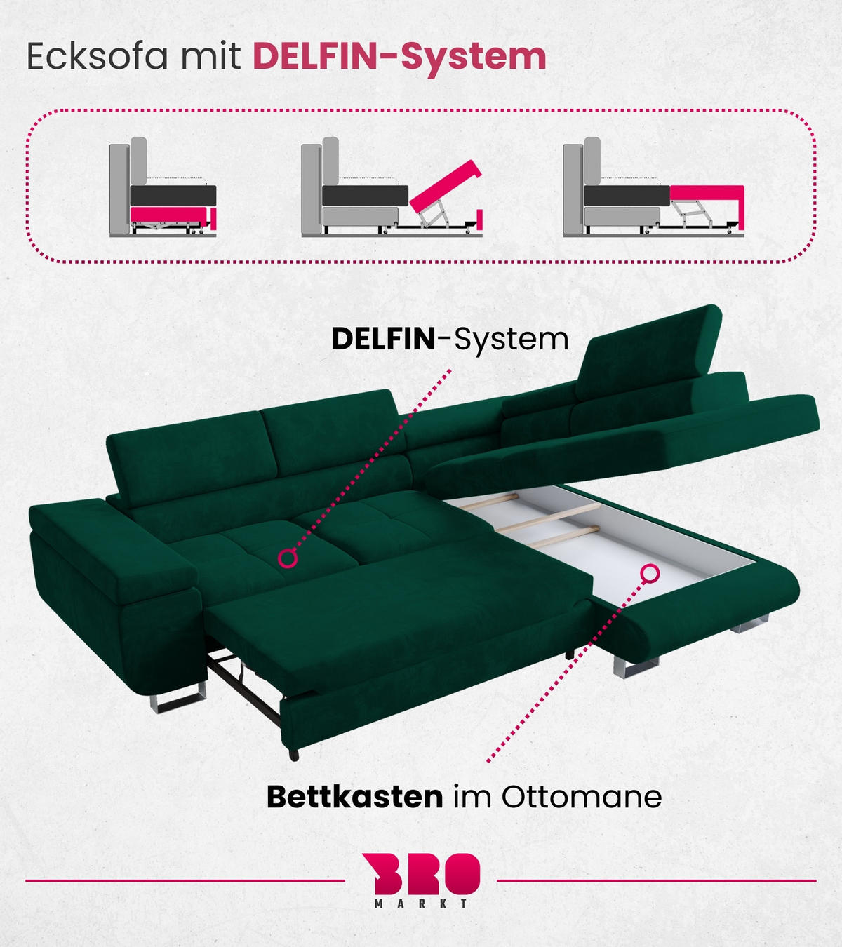 ECKSOFA Anton mit Schlaffunktion Grün Samt - Silberfarben/Grün, Textil/Metall (142/275cm) - Bromarkt