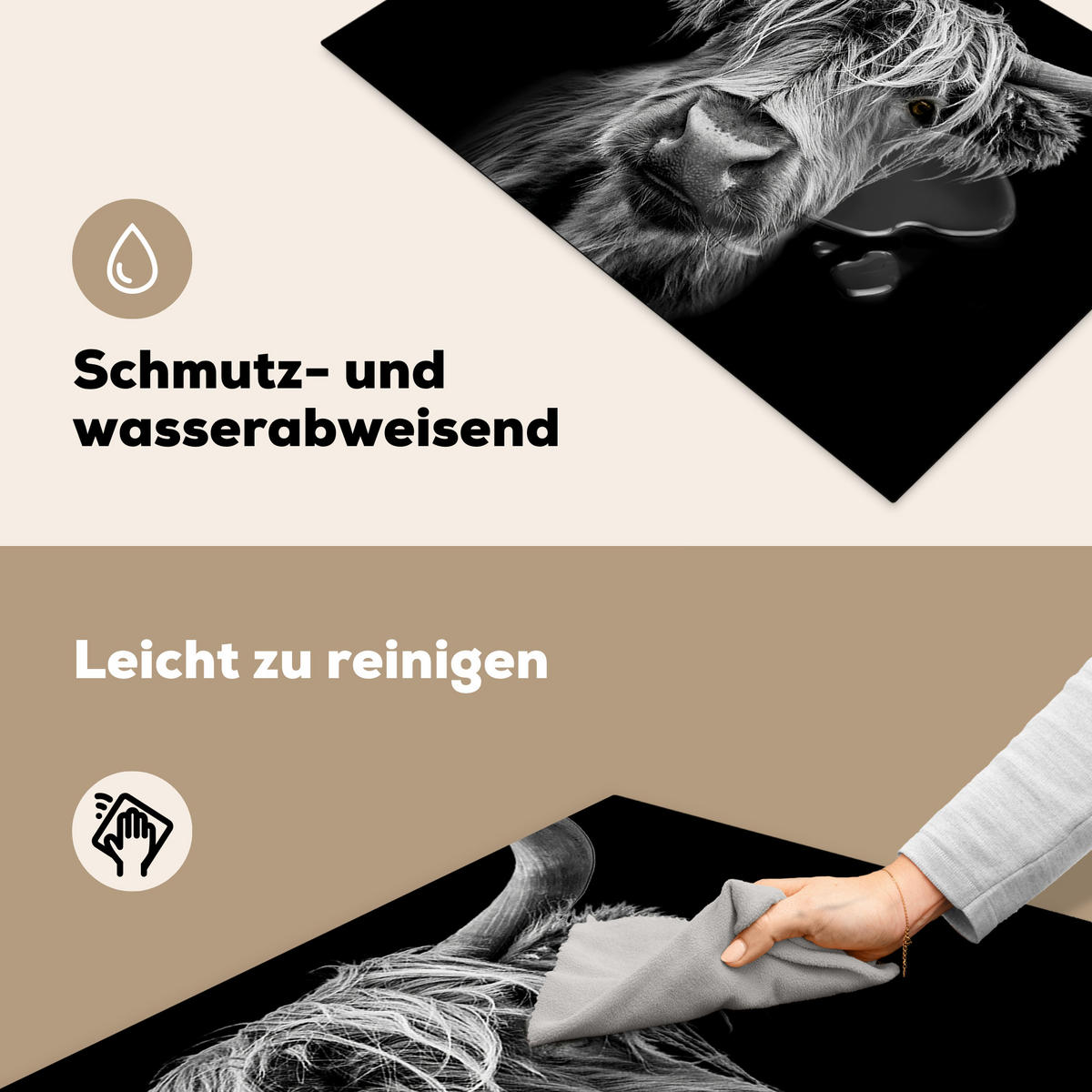 HERDABDECKPLATTE Schottischer Highlander - Hörner - Schwarz - Weiß - Kuh - Wild - Tiere Ceranfeldabdeckung 76x51.5 cm - Schwarz, Kunststoff (76/51.5/0.2cm) - MuchoWow