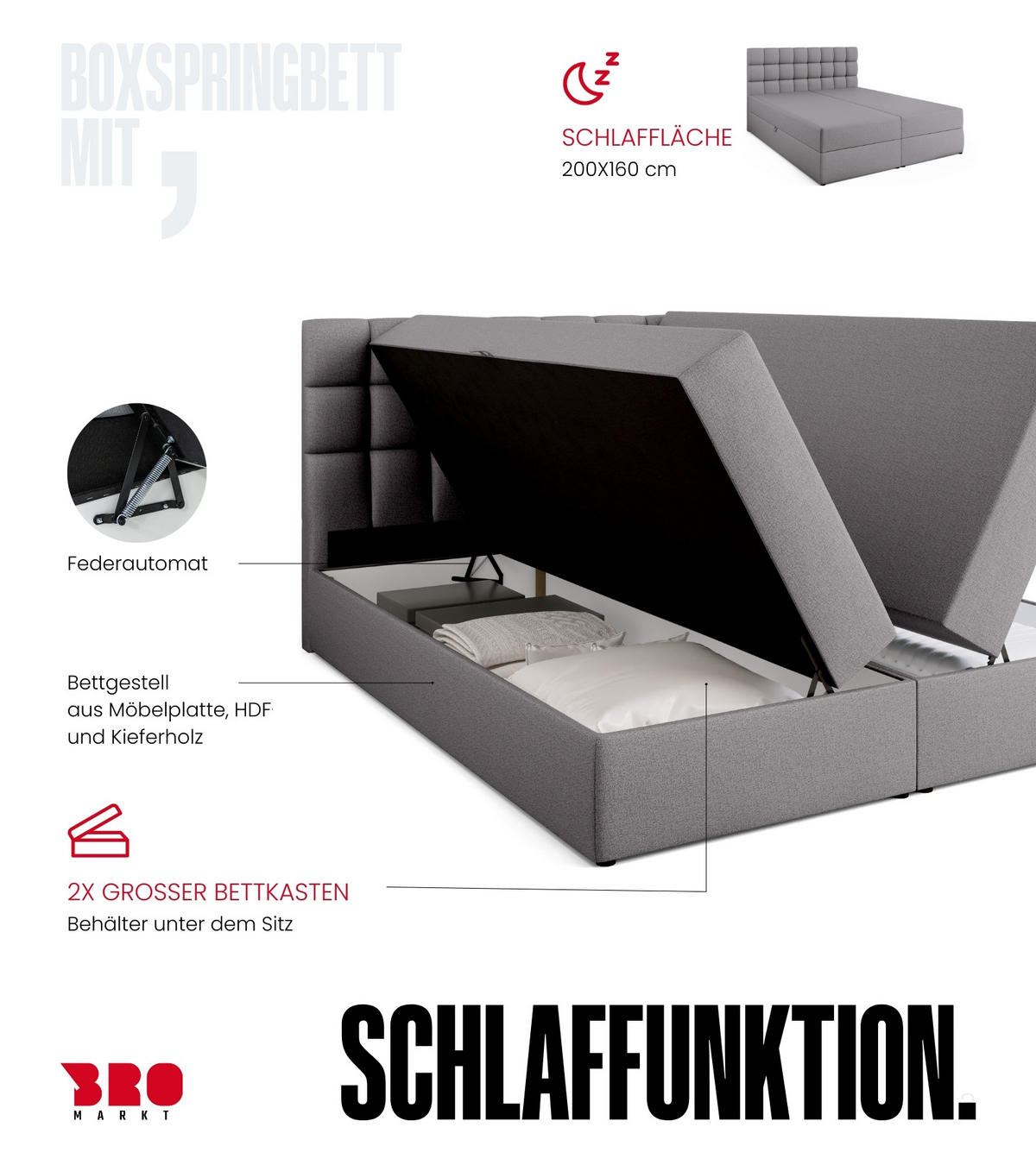 BOXBETT Dakota mit Topper 160/200 Grau - Grau, Textil (160/200cm) - Bromarkt