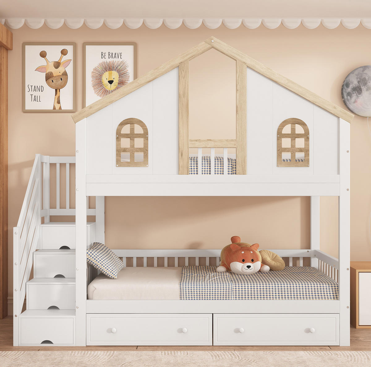 ETAGENBETT 90/200 cm mit Stauraumtreppe, 2 Schubladen, Fenstern und Fallschutz aus Kiefer massiv und MDF, Weiß/Natur - Weiß, Holzwerkstoff (90/200cm) - Redom