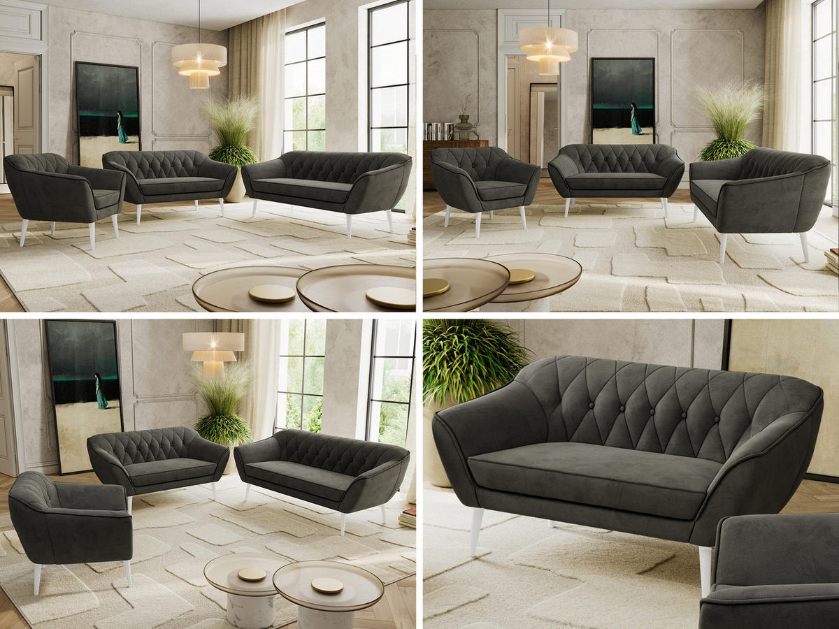 SEDACÍ SOUPRAVA 3+2+1 PIRS - Tmavě šedá Samet - Bílé nohy - bílá/tmavě šedá, kompozitní dřevo/textil (180/75/74cm) - MKS