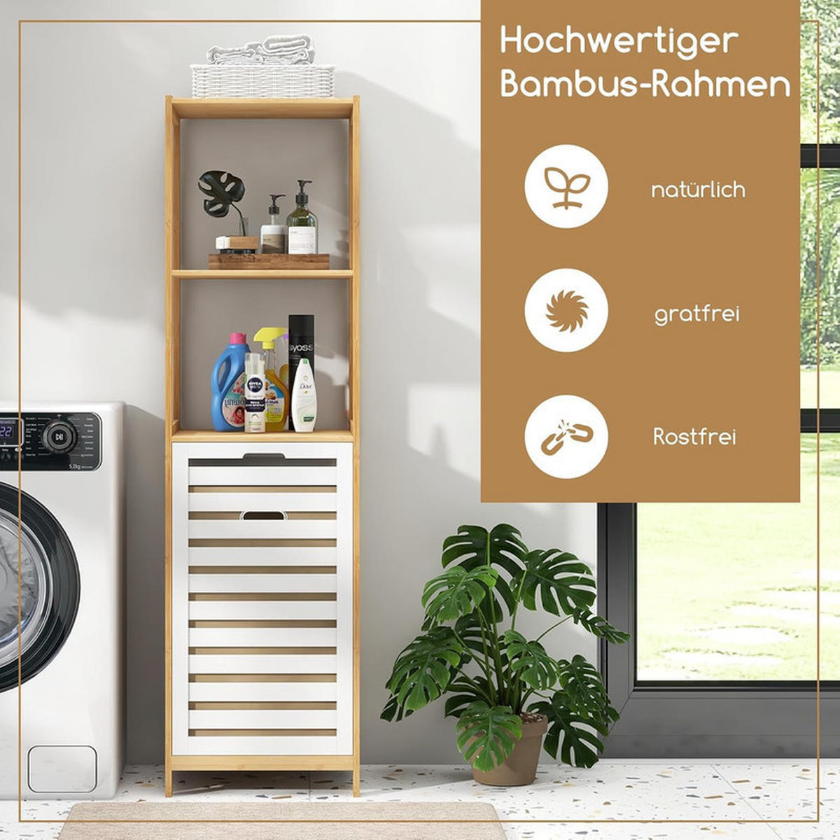 BADEZIMMERREGAL mit Wäschekorb natur - Naturfarben, Naturmaterialien (36/130/33cm) - COSTWAY
