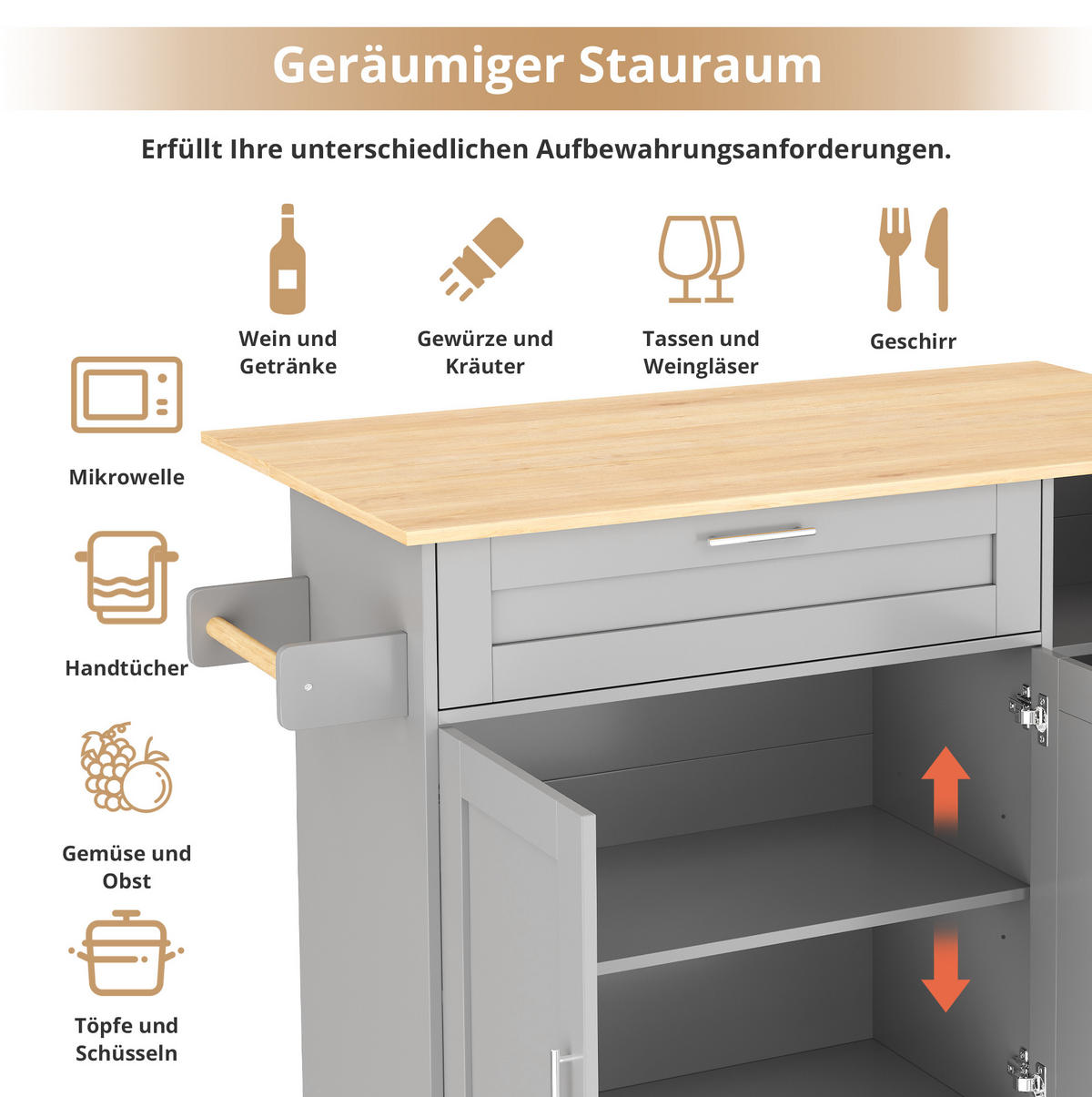 KÜCHENINSEL 132,5/90/44(70) cm Grau aus MDF mit klappbarer Arbeitsplatte - Grau, Holzwerkstoff (44/90/132.5cm) - OKMYHOME
