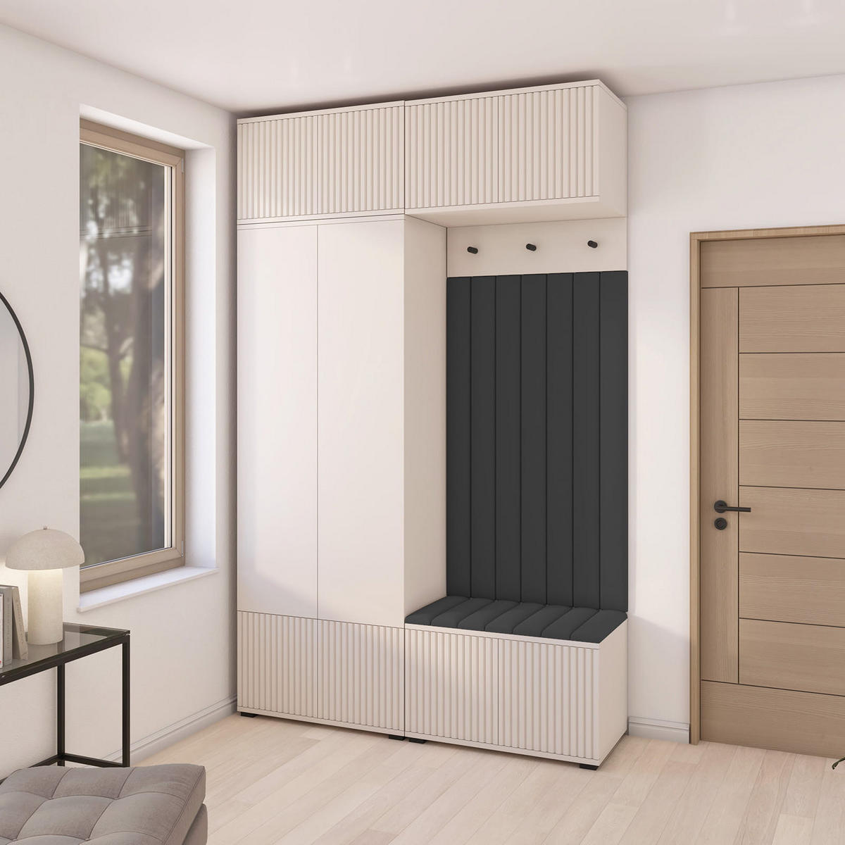 GARDEROBE Ritmo version 2 mit POLSTERPANEELEN SCHWARZ - Beige/Schwarz, Holzwerkstoff (140/225/40cm) - Jerpax