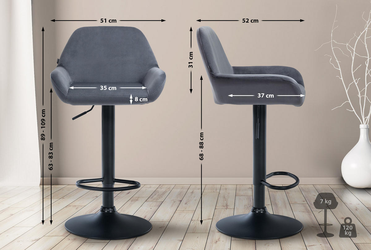 BARHOCKER Samt dunkelgrau - Dunkelgrau/Schwarz, Textil/Metall (51/89/52cm) - CLP