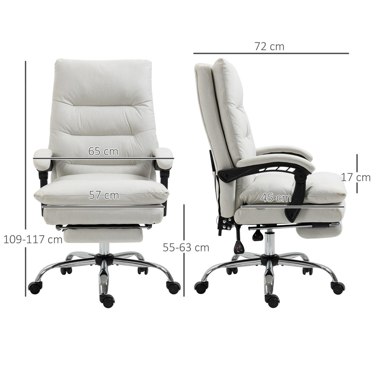 GAMINGSTUHL 65/72/109–117 cm, Massagefunktion, 135° neigbar, höhenverstellbar, cremeweiß - Creme, Kunststoff (72/117/65cm) - Redom