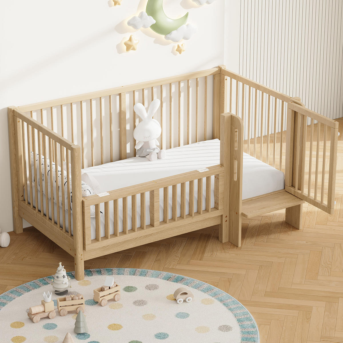 KINDERBETT 140/70 cm in Natur mit Umbausatz, Sicherheitsgeländer und Trittstufe - Naturfarben, Holz/Holzwerkstoff (70/140cm) - WISHDOR