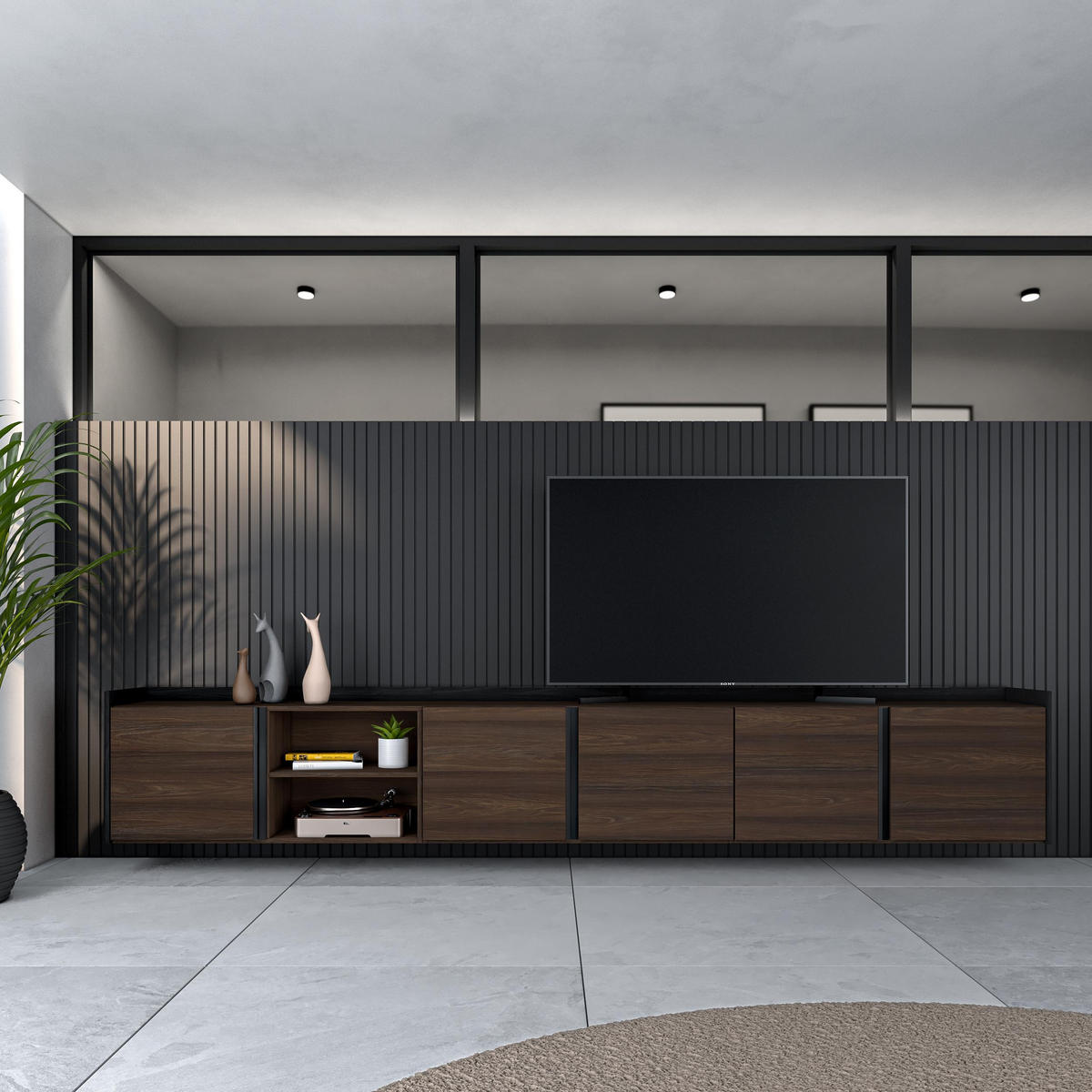 LOWBOARD, Dunkler Eiche und Schwarz, 309/35/50cm, Hängend - Dunkelbraun, Holzwerkstoff (309/50/35cm) - Skraut Home