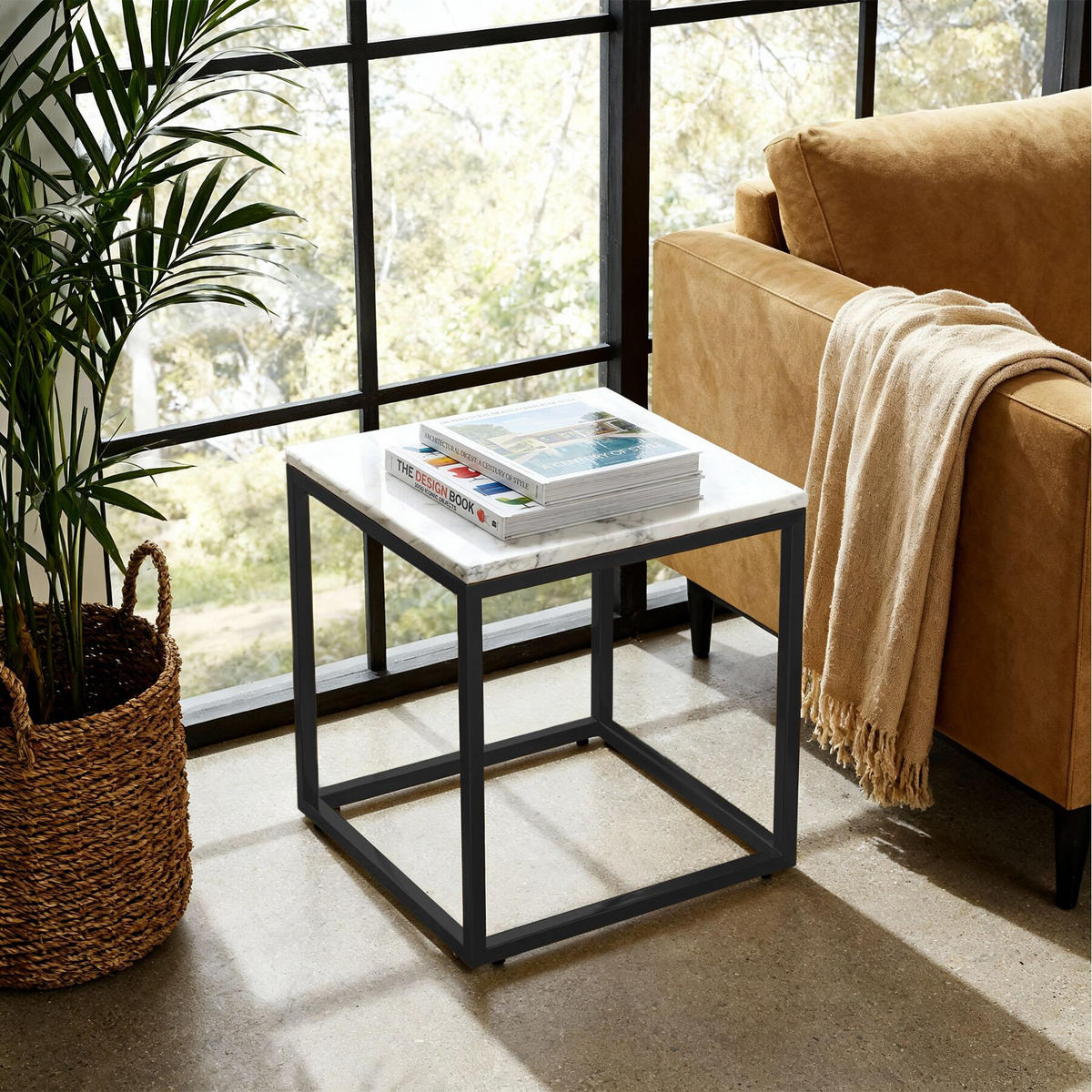 MARMOR-BEISTELLTISCH Alysia,mit höhenverstellbaren Kunststofffüßen,schwarz/weiß - Schwarz/Weiß, Stein (45/45/47.5cm) - tectake