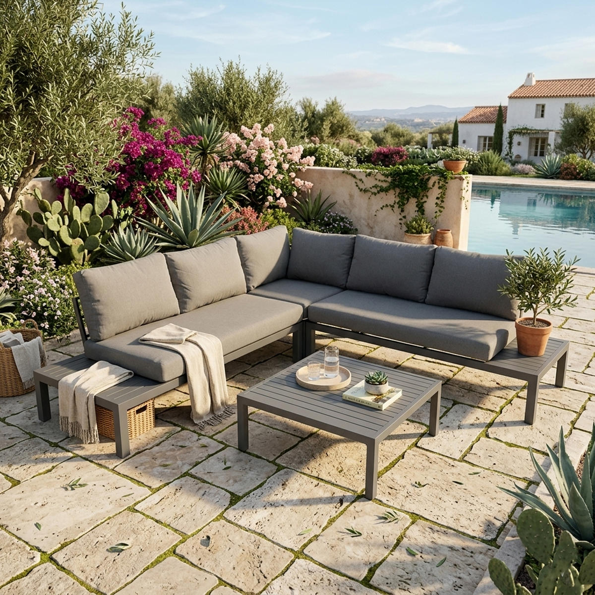 LOUNGE-SET Solihull - Sitzgruppe 4-teilig aus gebürstetem Aluminium, Tischplatte und Armlehnen aus Kunstholz dunkelgrau - Grau, Metall - TPFGarden