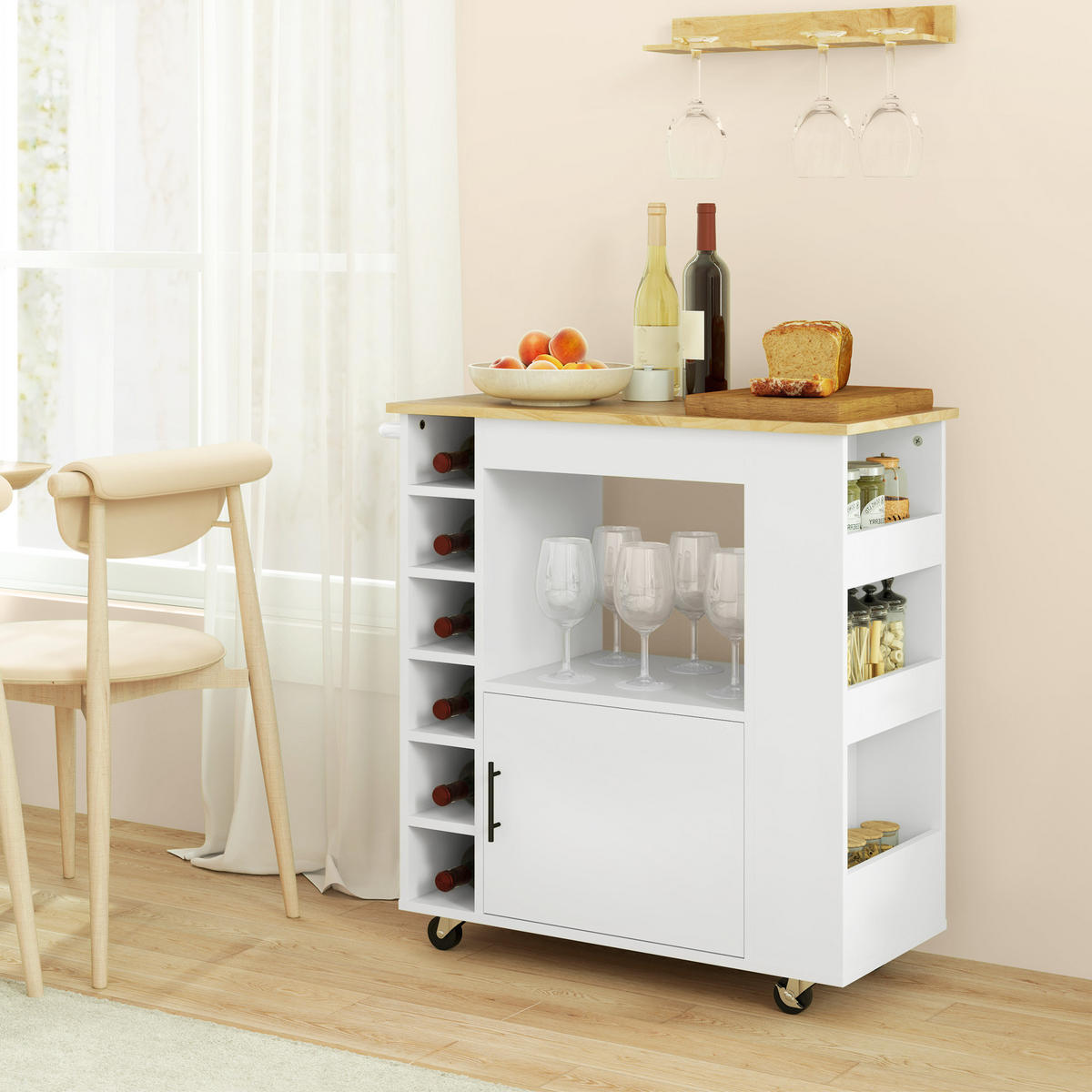 KÜCHENWAGEN Servierwagen mit Schrank, Arbeitsplatte, Ablagen, Weinregalen, Eiche - Eichefarben/Schwarz, Holz/Holzwerkstoff (40/83/83cm) - HOMCOM