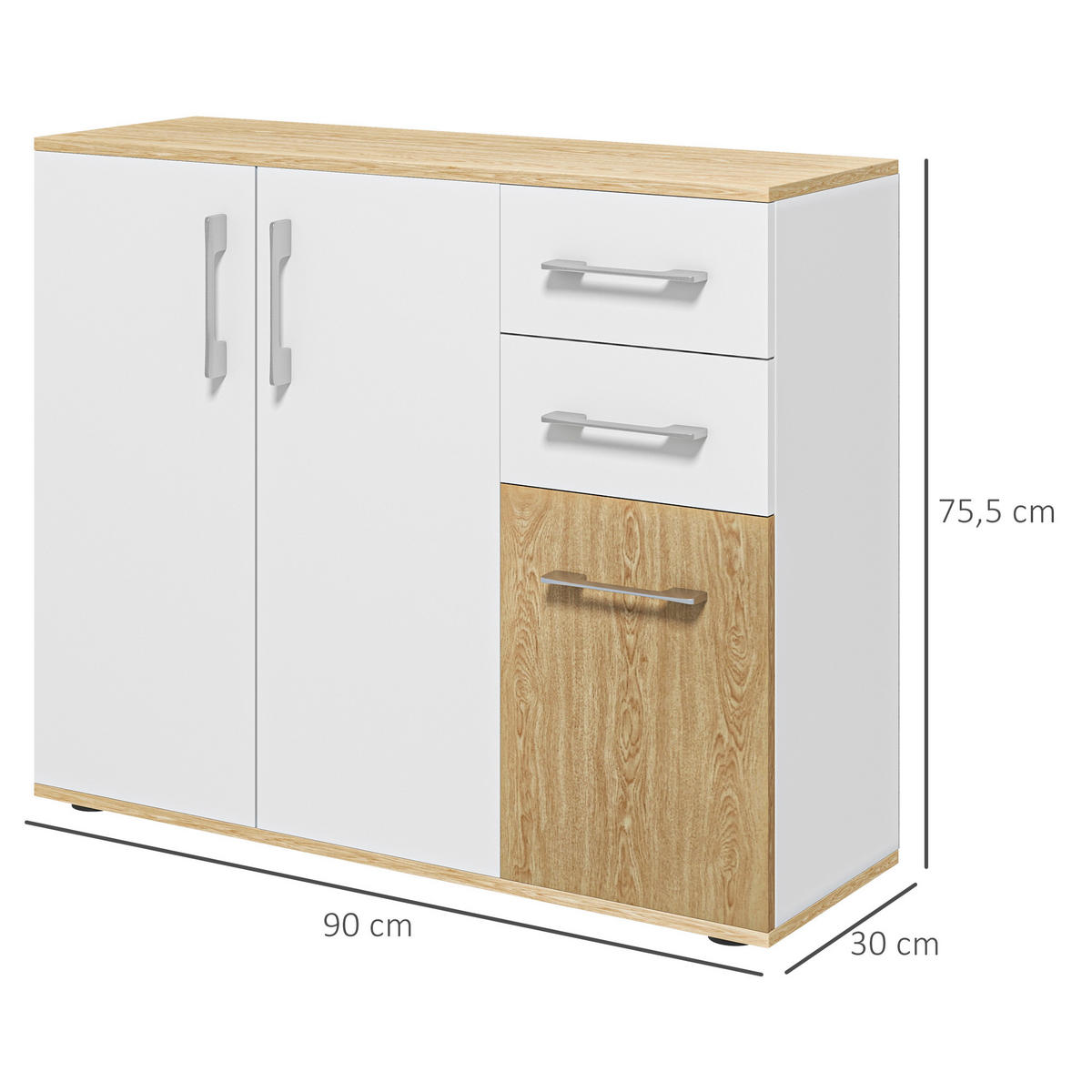 SIDEBOARD Weiß und Naturfarben 90/30/75,5 cm - Weiß, Holzwerkstoff (90/75.5/30cm) - PANGIVO