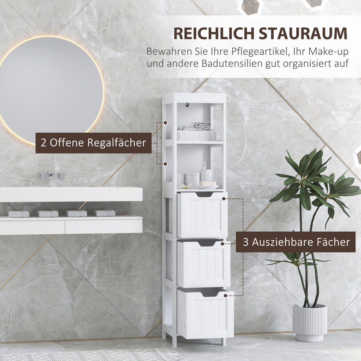 BADEZIMMERSCHRANK Badschrank Bad Hochschrank mit 3 Schubladen, 2 offenen Fächern - Weiß, Holz (30/142.4/30cm) - HOMCOM