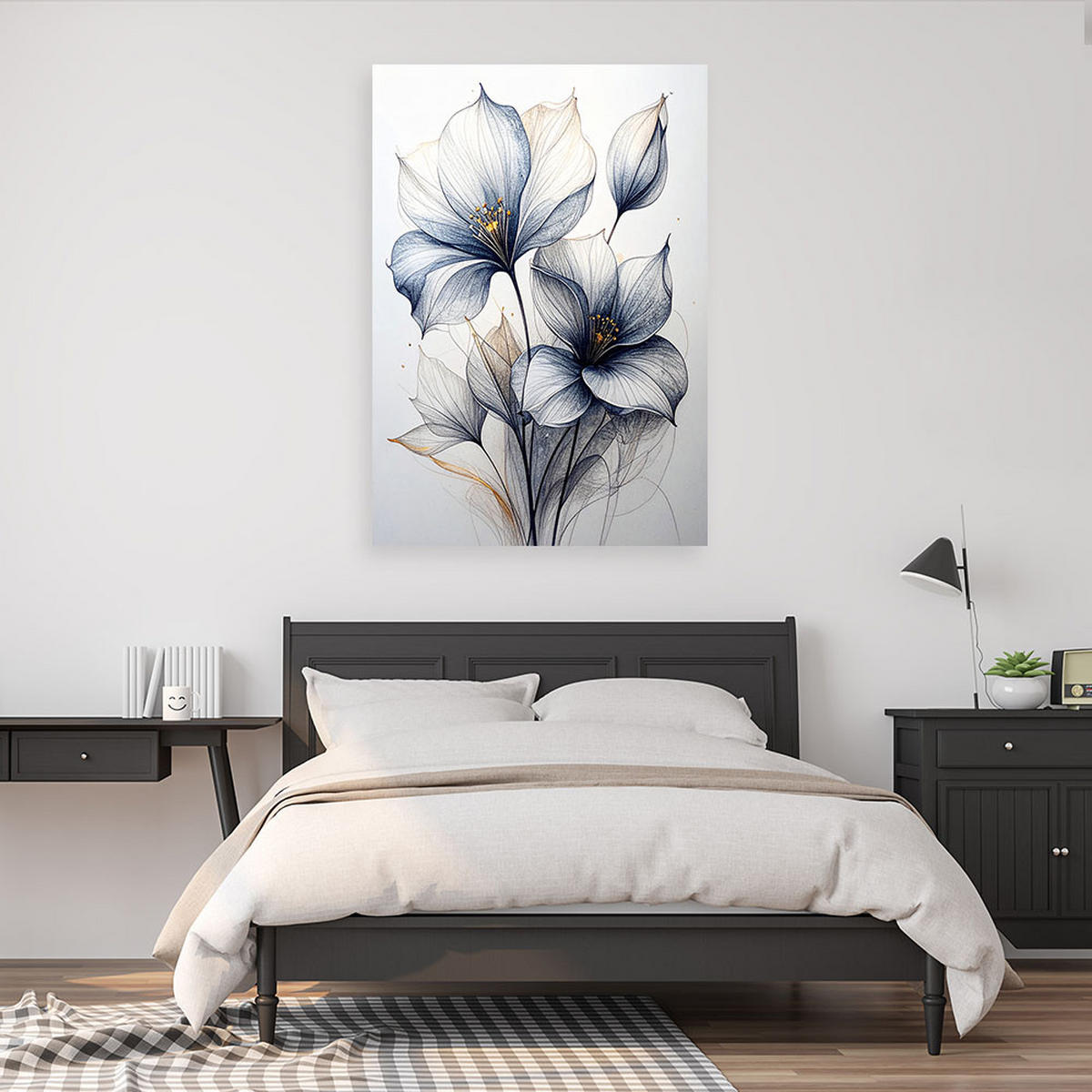 BILD auf Leinwand, Zarte blaue Blätter und Blüten in einer minimalistischen Komposition - Weiß, Textil (30/45cm) - Feeby