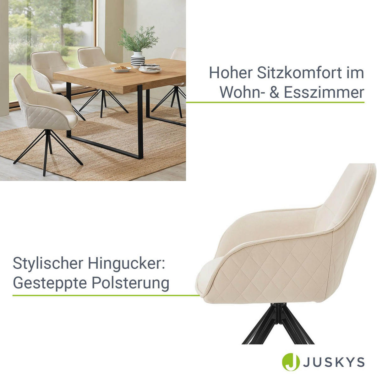 DREHSTUHL Clyde mit Armlehne samt beige (2er-Set) - Beige, Textil (57/85/61cm) - Juskys