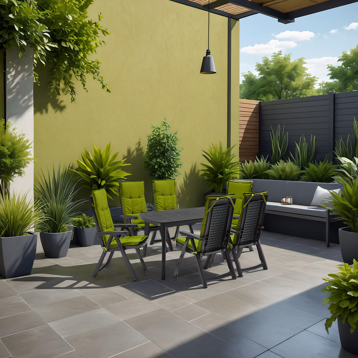 GARTENSET Milano 7-tlg. anthrazit mit Polster in grün - Anthrazit, Kunststoff - Shaf