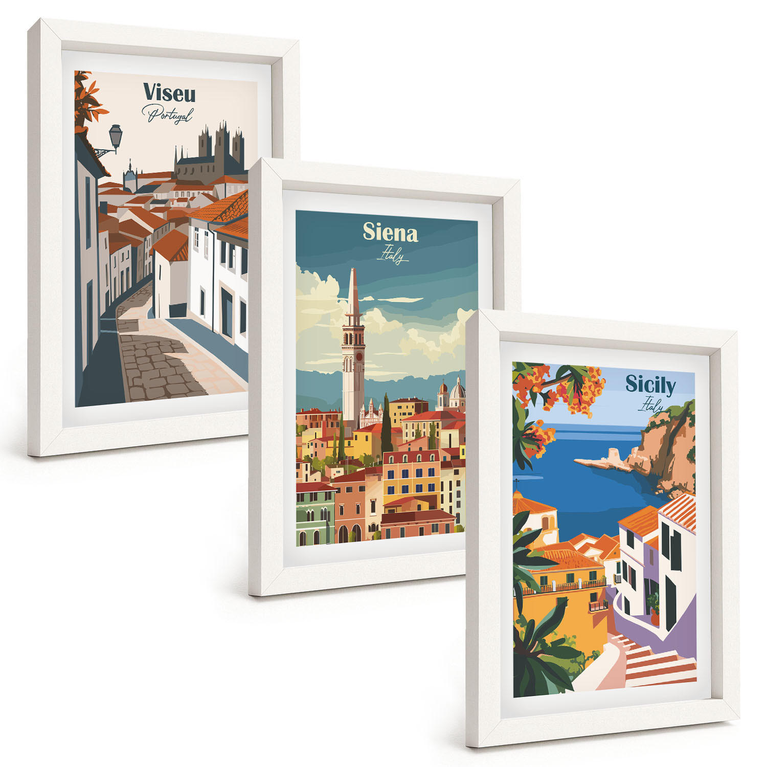 BILDER SET 3er Set - 20x30 cm Weißer Rahmen - Retro-Illustrationen von Weltstädten - Weiß, Kunststoff (20/30cm) - TULUP