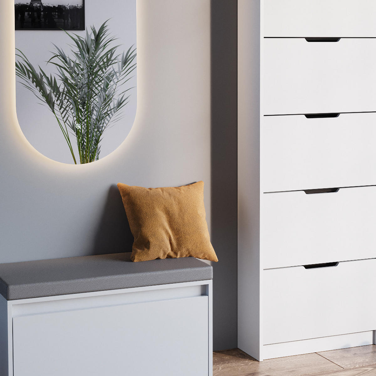 SCHUHKIPPER Luca Weiß 3 Teile, mit LED Spiegel und Sitzbank - Weiß, Holzwerkstoff (59/169/22cm) - Vicco