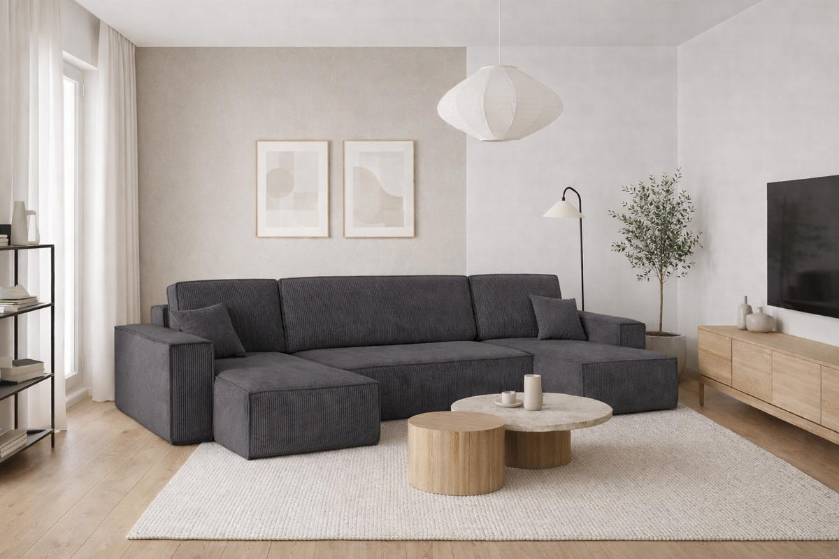 ECKSOFA Mit Schlaffunktion Und Bettkasten BEST Dicker Cord Poso Dunkelgrau - Dunkelgrau, Holz/Textil (312/142cm) - Kaiser Möbel