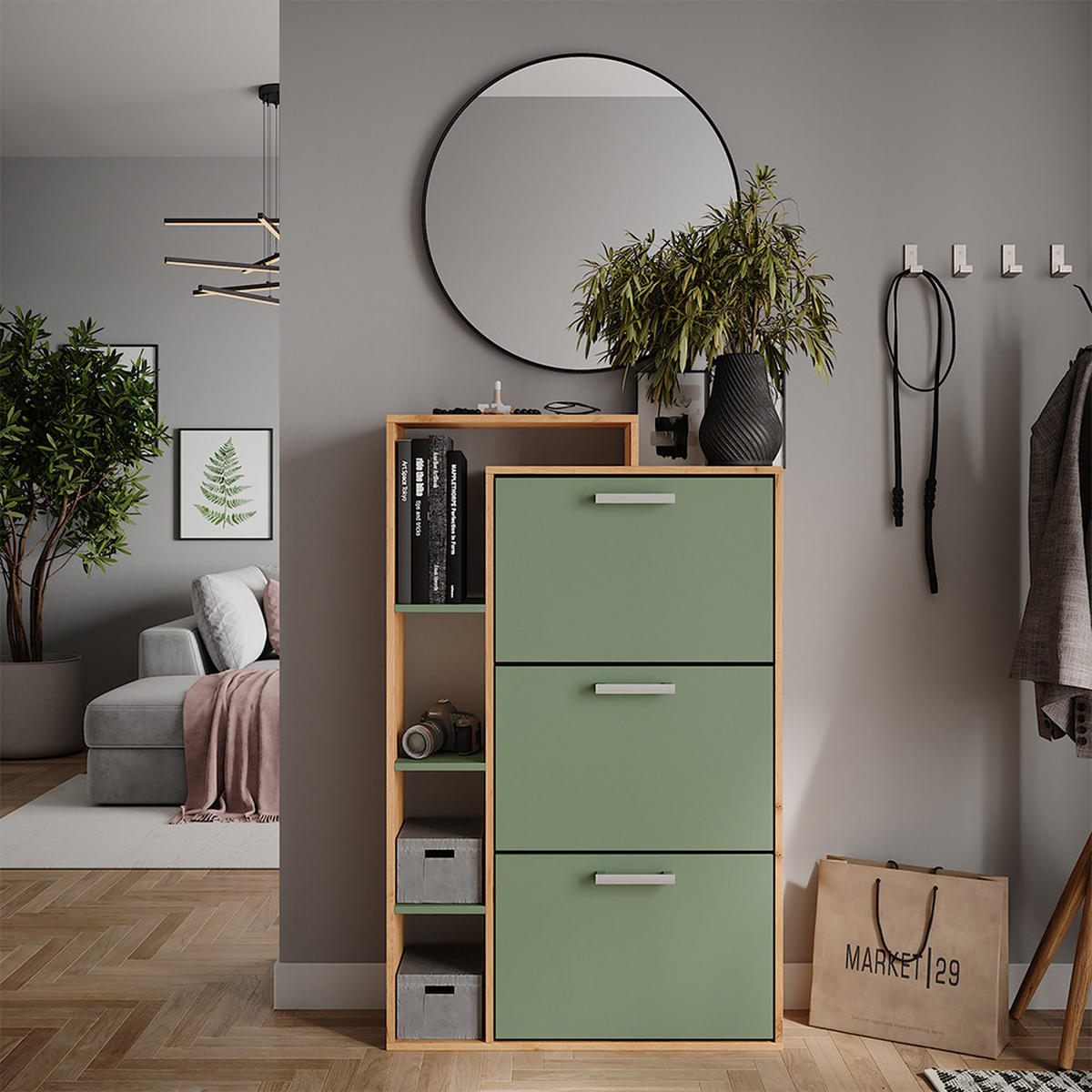 SCHUHKIPPER Orlando Goldkraft Eiche/Grün 80 x 128.3 cm mit 3 Fächern - Eichefarben/Grün, Holzwerkstoff (80/128.3/24.2cm) - Vicco