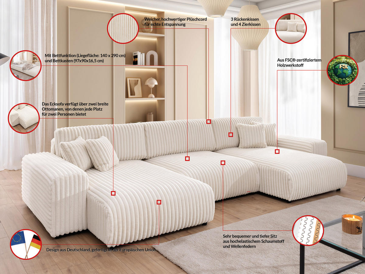 WOHNLANDSCHAFT Mollis Hellbeige Plüschcord mit Schlaffunktion - Beige/Schwarz, Holz/Kunststoff (350/77/168cm) - S-Style Möbel