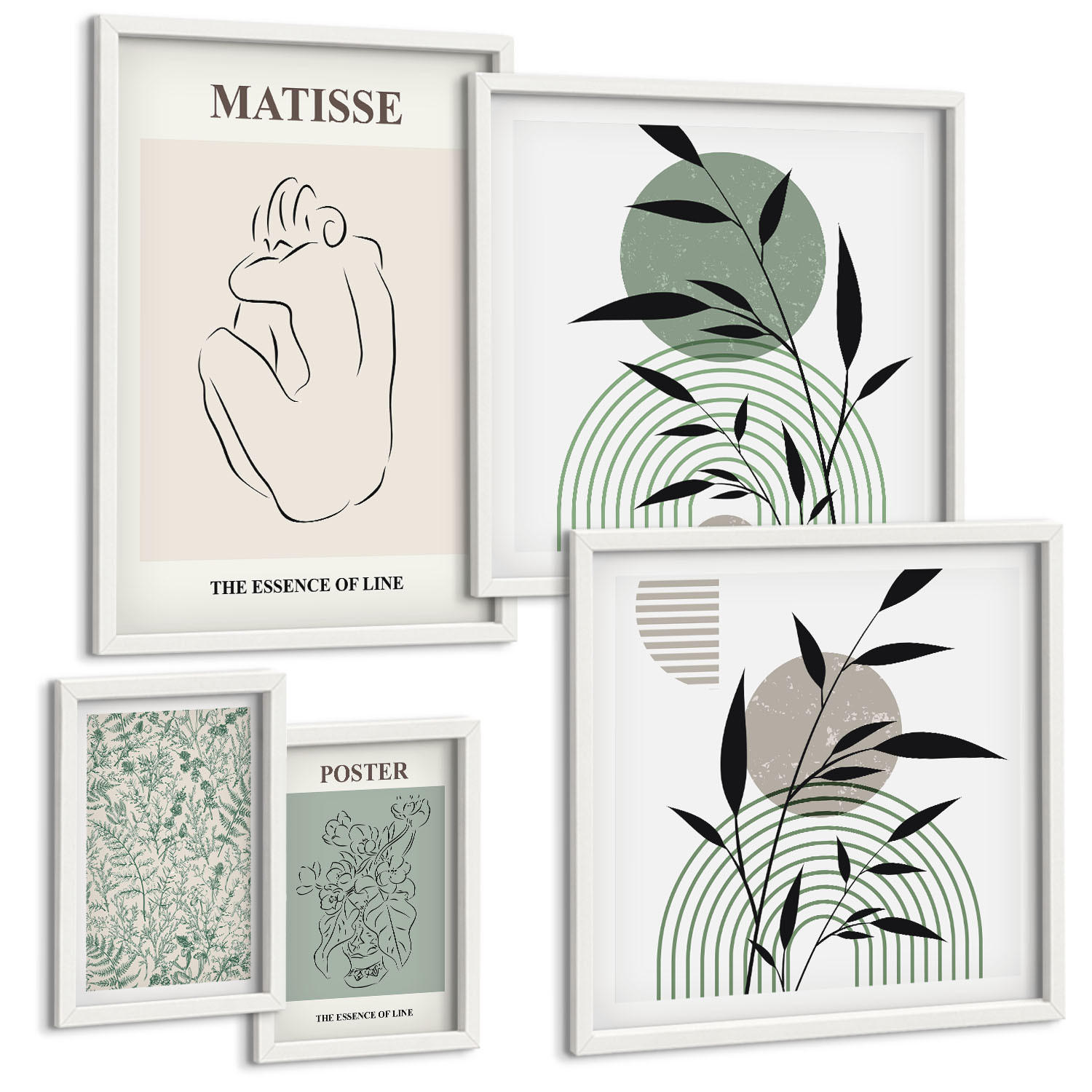 BILDER SET 5er Set - 50x50 cm & 20x30 cm & 40x60 cm Weißer Rahmen - Linien, Pflanzenmuster, Minimalismus - Weiß, Kunststoff (40/60cm) - TULUP