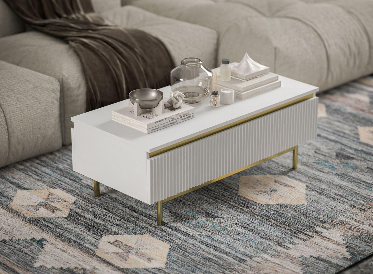 COUCHTISCH Selene Weiß matt 109 cm mit Metallrahmen - Goldfarben/Weiß, Holzwerkstoff/Metall (50/109/39cm) - Meble Lindner