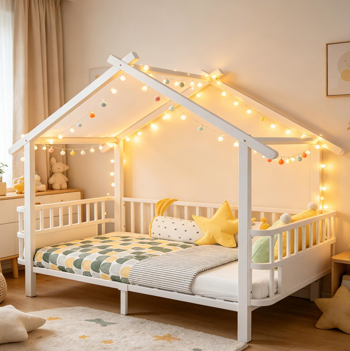KINDERBETT mit Dachdesign und Sicherheitsgitter Metall Weiß 90 x 200 cm - Weiß, Metall (90/200cm) - MIVRAY