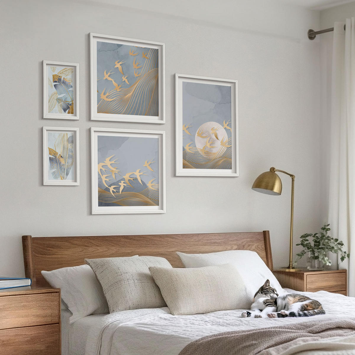 WANDBILDER 5er-Set - 50x50 cm & 20x30 cm & 40x60 cm Weißer Rahmen - Blaubeige Blätter im Hintergrund - Weiß, Kunststoff (40/60cm) - ArtPrintCave