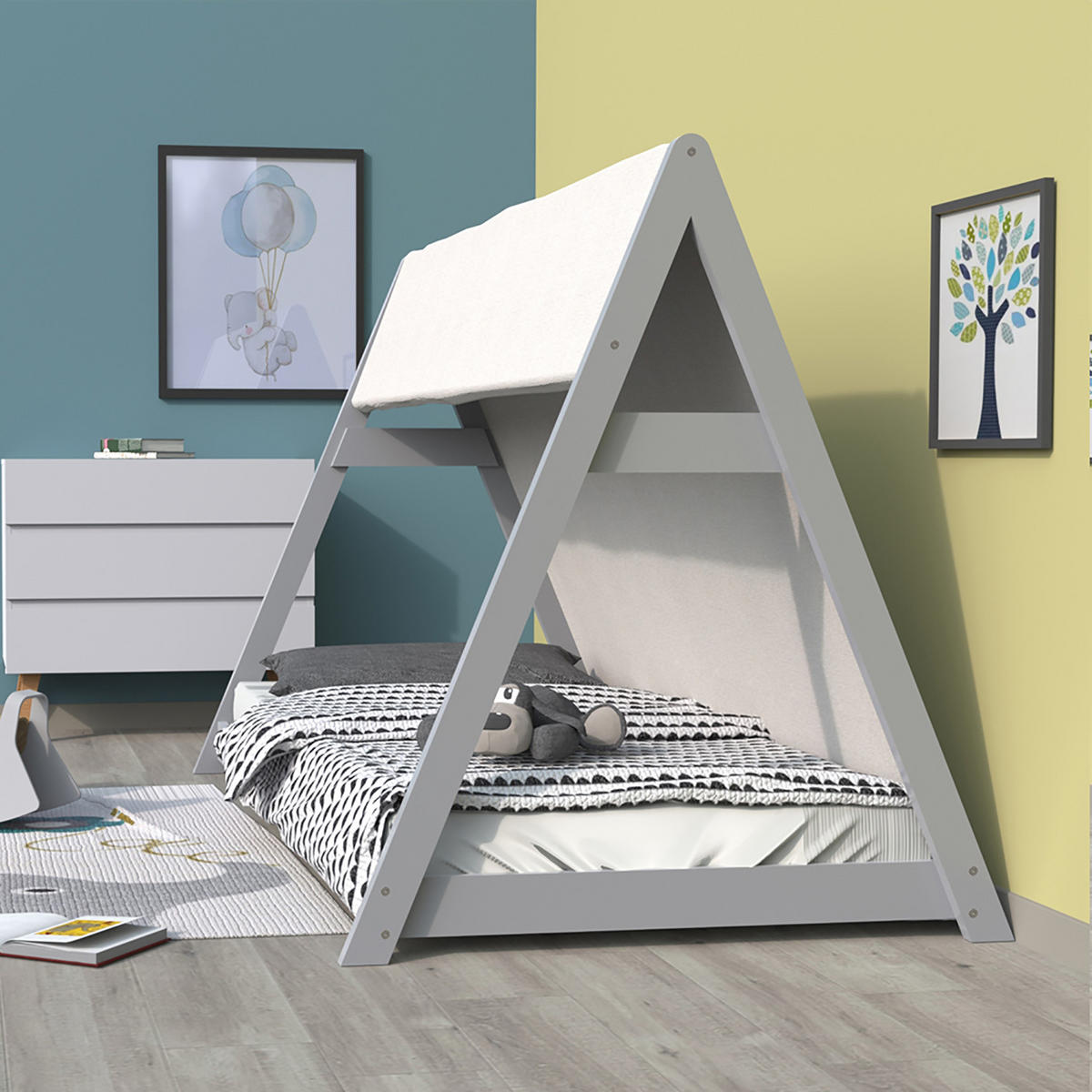HAUSBETT TIPI/ Kinderbett 90x200 mit Stoff und Lattenrost- Grau - Grau, Holz (90/200cm) - Weber Industries