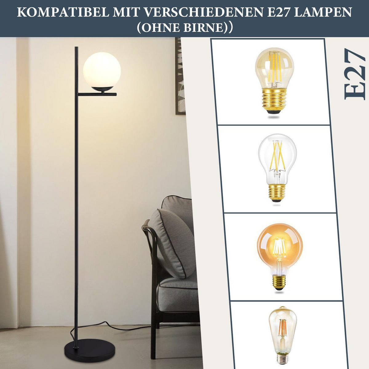 STEHLEUCHTE Dortmund 25/20/150 cm - Schwarz, Metall (32/25/166cm) - Nettlife